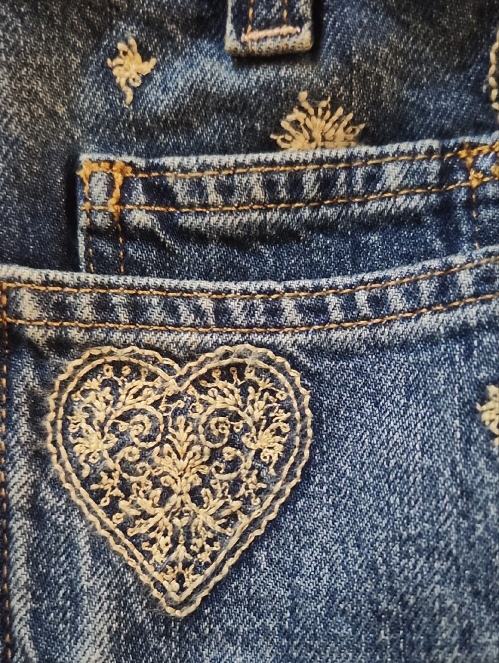 We The Free Blue Denim Shorts with Cream Embroidered Hearts - Picture 7 of 9